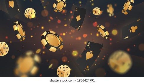 Falling golden poker chips, tokens, dices, playing cards on black with gold lights, sparkles and bokeh. Vector illustration for casino, game design, advertising.