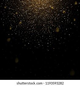 Falling golden snow on dark background. Vector holiday background.
