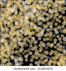 Falling Golden Snowflakes. Golden Party Background. Winter Colorful Decoration for Holiday Banner