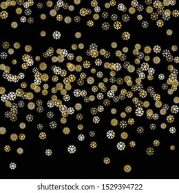 Falling Golden Snowflakes. Golden Party Background. Winter Bright Decoration for Holiday Print