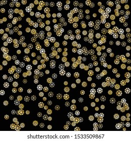 Falling Golden Snowflakes. Golden Party Background. Winter Colorful Decoration for Holiday Banner
