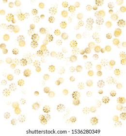 Falling Golden Snowflakes. Golden Party Background. Winter Trendy Decoration for Holiday Print