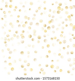 Falling Golden Snowflakes. Golden Party Background. Winter Colorful Decoration for Holiday Poster