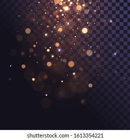 Falling golden sparks, dust glitter with blur effect on a transparent background