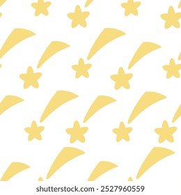 Estrela dourada em queda. Padrão de vetor contínuo. Fundo branco isolado. Estilo plano. Ornamento infinito de asteroides. Faça um desejo. O corpo celeste deixa um traço. 