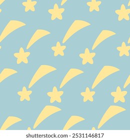 Estrela dourada em queda. Padrão de vetor contínuo. Fundo azul isolado. Estilo plano. Ornamento infinito de asteroides. Faça um desejo. O corpo celeste deixa um traço. Ideia para web design.