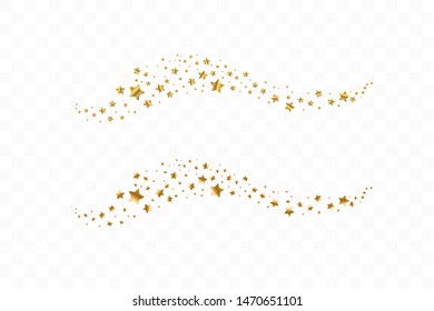 Falling golden stars. Cloud of golden stars isolated on transparent background. Vector illustration