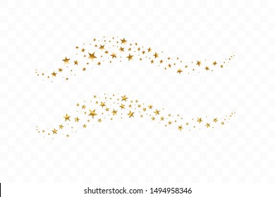 Falling golden stars. Cloud of golden stars isolated on transparent background. Vector illustration