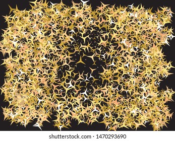 Falling golden stars. Vector illustration backdrop. Graphic glitter design's elements. Gold festive, luxury, bright, chaotic confetti background on black.