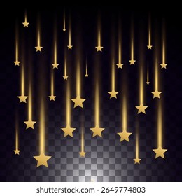 Falling Golden Stars Vector, Shining Star Trails on Transparent Background