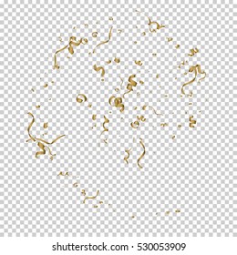 Falling golden tiny confetti pieces on transparent background. Vector Illustration.