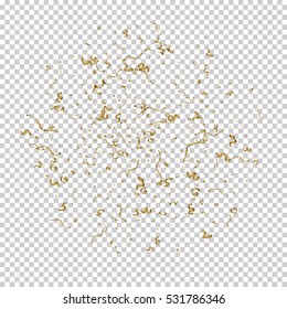 Falling golden tiny confetti pieces on transparent background. Vector Illustration.