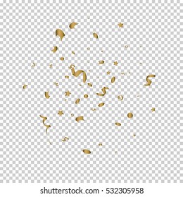 Falling golden tiny confetti pieces on transparent background. Vector Illustration.