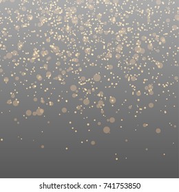 Falling golden transparent confetti over dark gradient background. luxurious particle mist shimmer. Abstract dust pattern festive glittery christmas card layout template. Vector illustration