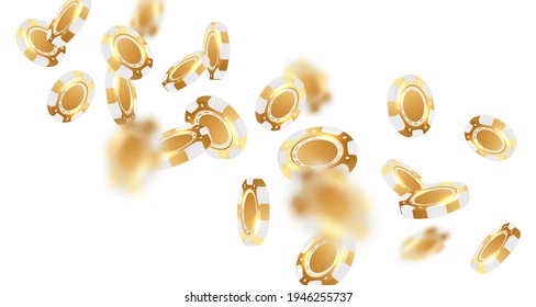 Falling golden with white poker chips, tokens on white background. Vector illustration for casino, game design, flyer, poster, banner, web, advertising.