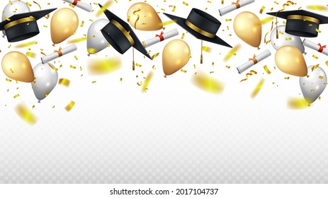 Falling graduation cap, diploma paper and gold confetti. Vector illustration