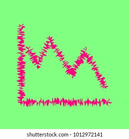 Falling graph icon. Vector. Magenta rough icon on greenish background. Isolated.