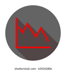 Falling graph icon. Vector. Red icon with reddish shadow on dark gray circle at white background. Isolated.