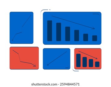 Falling graphs showing business crisis 2D doodle objects set. Stock market failure analytics cartoon elements flat vector cliparts isolated on white background. Hand drawn illustrations collection