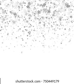 Falling gray snowflakes on white background. Merry Christmas and Happy New Year pattern. Vector illustration.