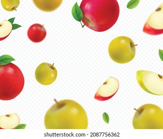 Falling green apples and red isolated on white background. Realistic fallong appls, 3D vector.