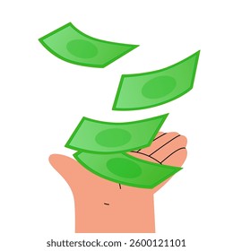Falling green banknotes in hand,  money concept. Banking,, dividends. Money prize on lottery, rain of cash. dollar cash money bills, falling and swirling green banknotes of usd currency.