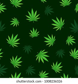 Falling green cannabis seamless texture background. Hemp fall leaf nature pattern. Grass hashish marijuana drug design backdrop
