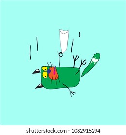 A falling green cat on a blue background with a handkerchief