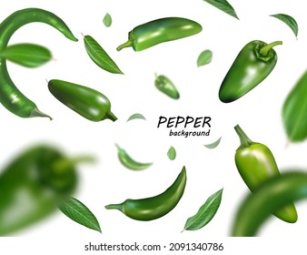 Falling green chili or chilli pepper isolated on white Realistic vector, 3d illustration