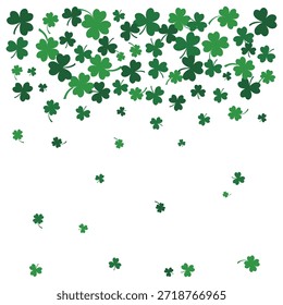 Falling Green Clover Leaves Background. Vector Illustration of Shamrock Confetti for St. Patrick's Day Greeting Card or Banner Design.