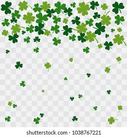 Falling green clover leaves on transparent background. Vector illustration