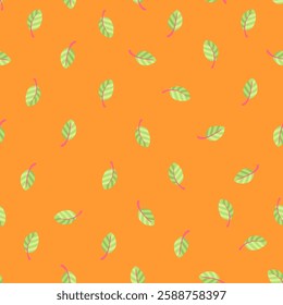 Falling Green Leaves Pattern with Pink Stems on a Vibrant Orange Background, Autumn And Nature-Inspired Vector Seamless Pattern Design for Kids Wallpaper and Textile Designs