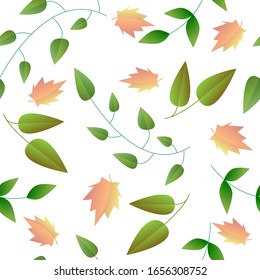 Falling green and orange leafs and branches seamless pattern