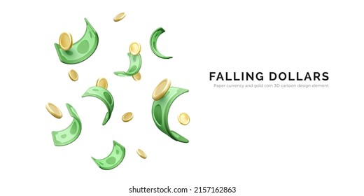 Falling green paper bills   gold coins  3D cartoon realistic money  Business   finance success  Big win jackpot banner  Vector illustration