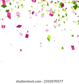 Falling green and pink cut out foil ribbon confetti background with space for text. Design element for web, cards, flyers, invitations. Vector illustration.