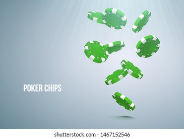 Falling green poker chips on light background. Vector illustration.