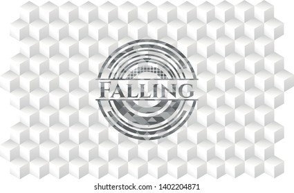 Falling grey emblem. Retro with geometric cube white background