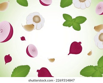 Fallende Gruppe von Shallots, Knoblauch und Pfefferminzleaf, Fliegender Inhaltsstoff.