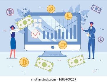 Falling and Growing Bitcoin Graphs on Computer Screen Flat Cartoon Vector Illustration. Bitcoin Crypto Currency Market Concept. Changing Exchange Trading. People Earning Money Online.