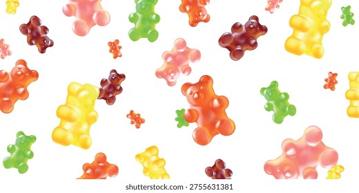 Falling gummy bears. Flying candy jelly bear, 3d isolated sweet chewy snack background colorful fruity mix sugar gum pattern fall motion realistic candies exact vector illustration