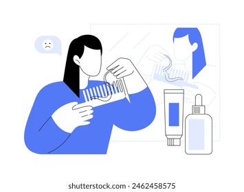 Falling hair isolated cartoon vector illustrations. Sad girl having problem with hair falling, standing in front of mirror, people lifestyle, home treatment, women daily rituals vector cartoon.