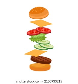 Falling hamburger in flat design on white background. Delicious cheeseburger.