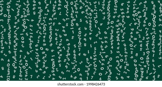 Cayendo números de tiza dibujados a mano. Concepto de estudio matemático con dígitos voladores. Encantador de vuelta a la pancarta de matemáticas en la escuela con antecedentes en la pizarra. Ilustración vectorial de números en disminución.