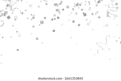 Confeti de plata elegante y serpentinas que descienden con gracia sobre un fondo blanco prístino. Perfecto para celebrar festividades,