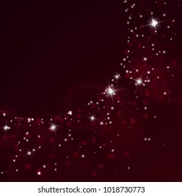 Falling hearts. Big radiant left top corner on wine red background. Falling hearts valentine's day resplendent design. Vector illustration.