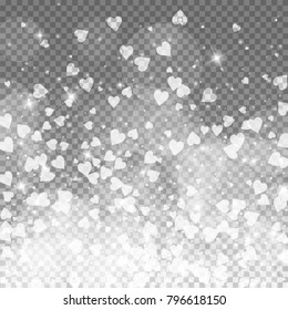 Falling hearts. Bottom gradient on transparent grid dark background. Falling hearts valentine's day bold design. Vector illustration.