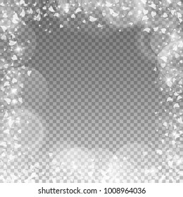 Falling hearts. Chaotic border on transparent grid dark background. Falling hearts valentine's day glamorous design. Vector illustration.