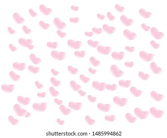 Falling hearts confetti background. 3d flying pink hearts. Vector design. Valentines card template. Gentle pink fluffy love shapes banner. Scattered pink petals isolated on white. Cutie backdrop