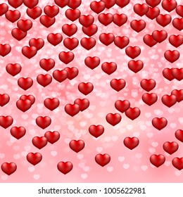 Falling hearts confetti on pink gradient background.  Valentine's day shiny greeting card backdrop. Romantic vector illustration. Easy to edit design template for your artworks.