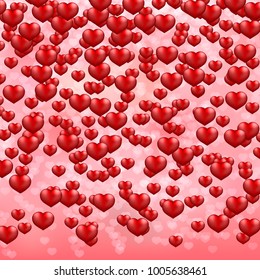 Falling hearts confetti on pink gradient background.  Valentine's day shiny greeting card backdrop. Romantic vector illustration. Easy to edit design template for your artworks.